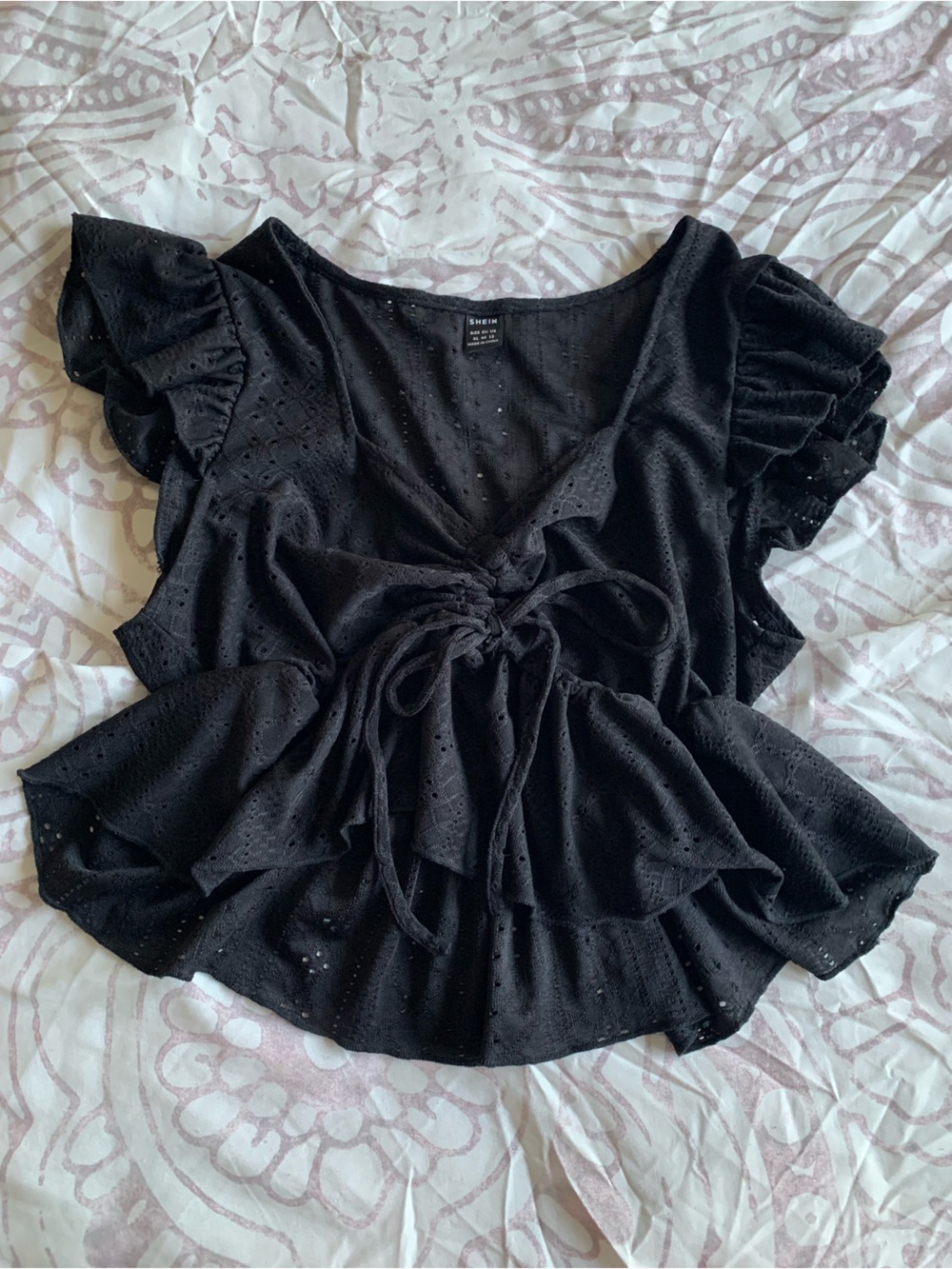 adjustable Black Eyelet Drawstring Women's Top